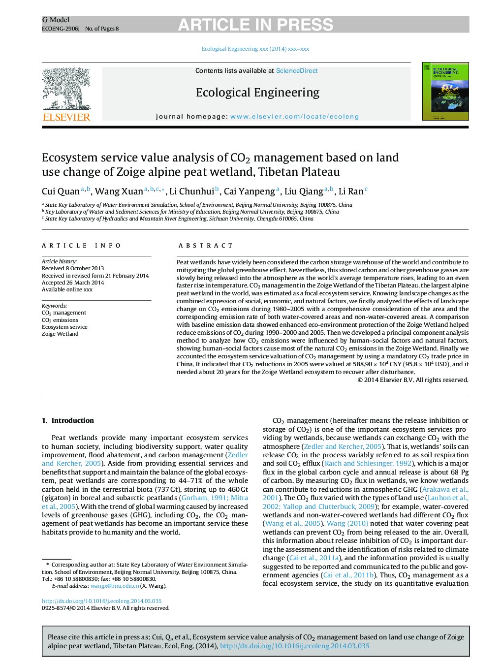 Ecosystem service value analysis of CO2 management based on land use change of Zoige alpine peat wetland, Tibetan Plateau