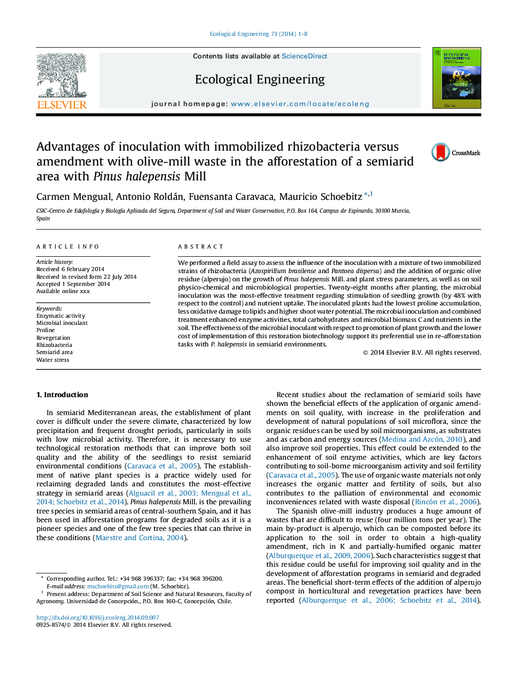 Advantages of inoculation with immobilized rhizobacteria versus amendment with olive-mill waste in the afforestation of a semiarid area with Pinus halepensis Mill