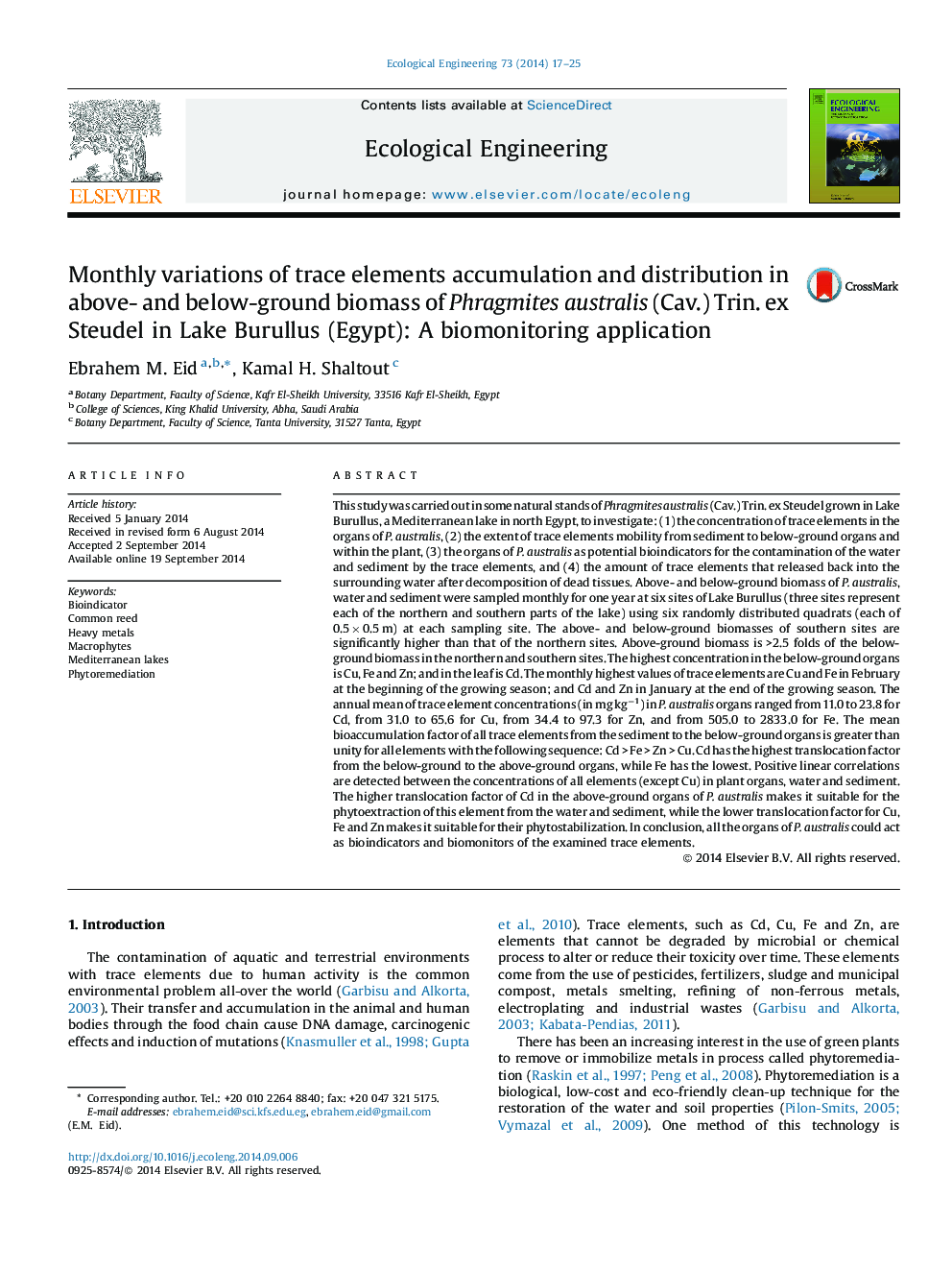 Monthly variations of trace elements accumulation and distribution in above- and below-ground biomass of Phragmites australis (Cav.) Trin. ex Steudel in Lake Burullus (Egypt): A biomonitoring application