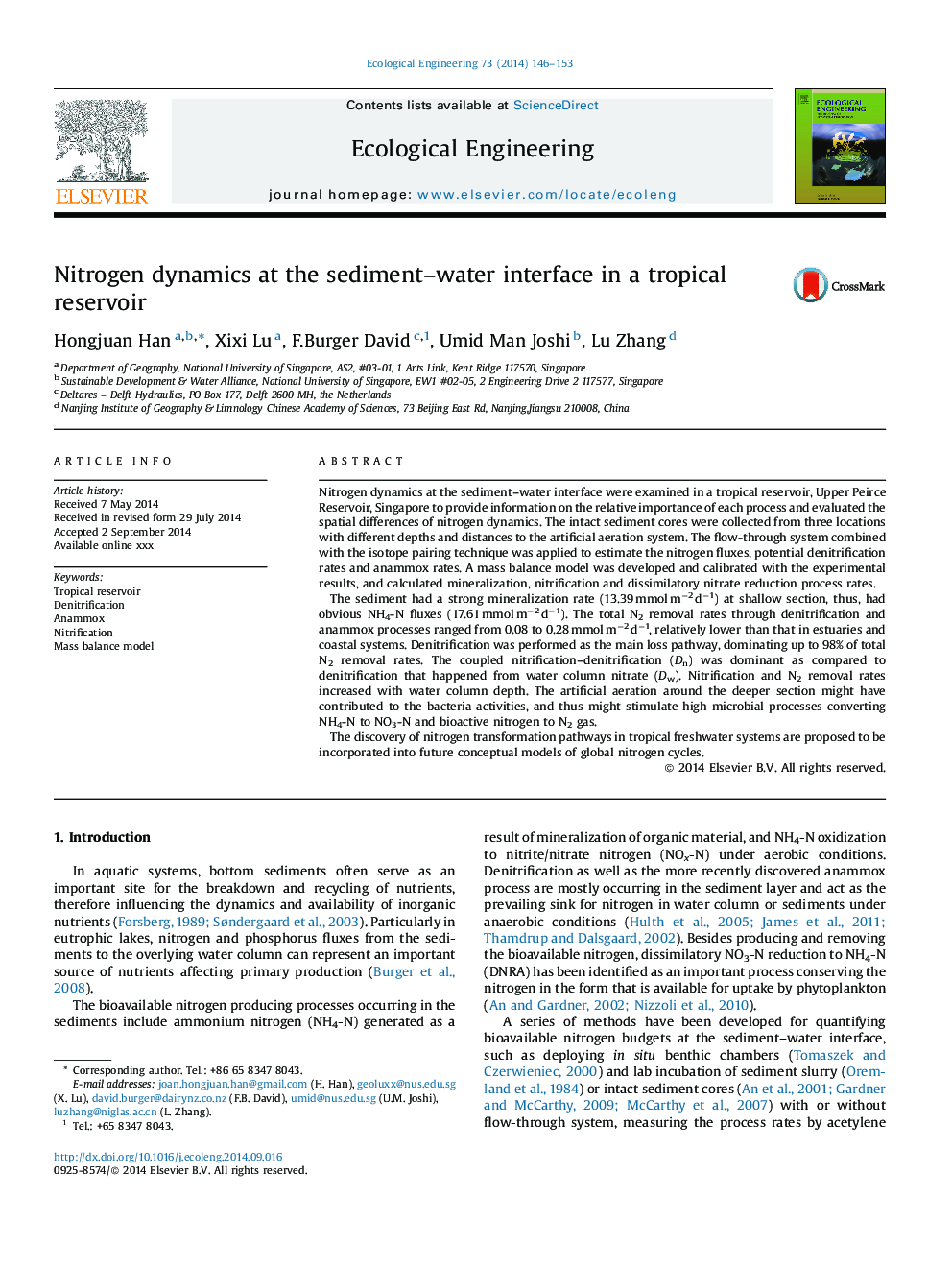 Nitrogen dynamics at the sediment-water interface in a tropical reservoir