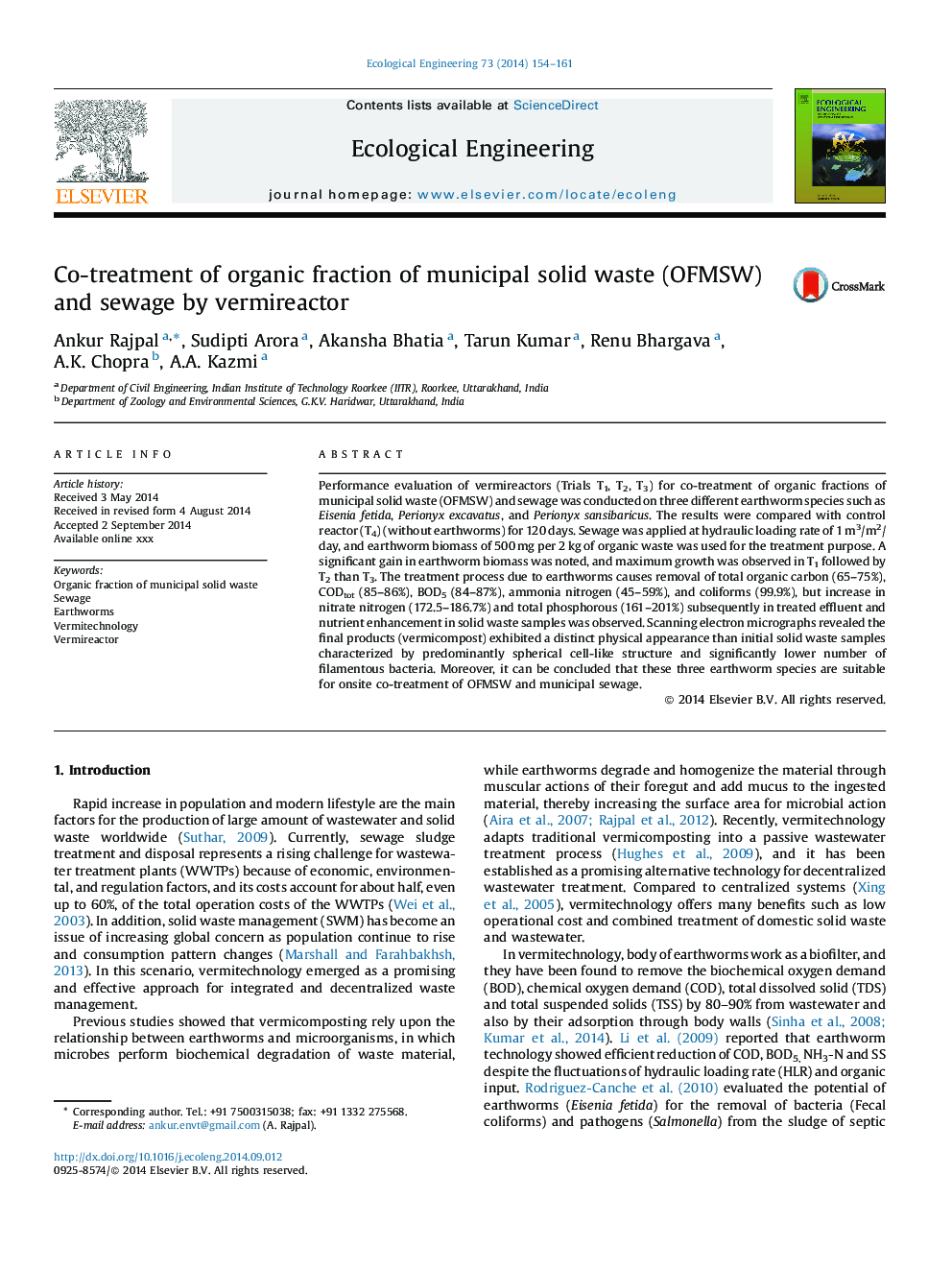Co-treatment of organic fraction of municipal solid waste (OFMSW) and sewage by vermireactor