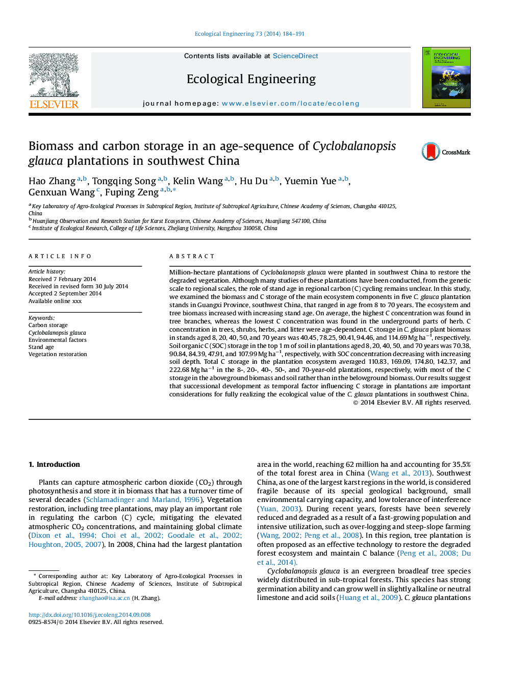 Biomass and carbon storage in an age-sequence of Cyclobalanopsis glauca plantations in southwest China