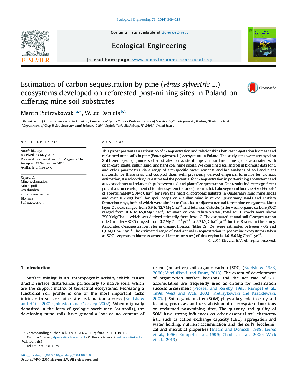 Estimation of carbon sequestration by pine (Pinus sylvestris L.) ecosystems developed on reforested post-mining sites in Poland on differing mine soil substrates