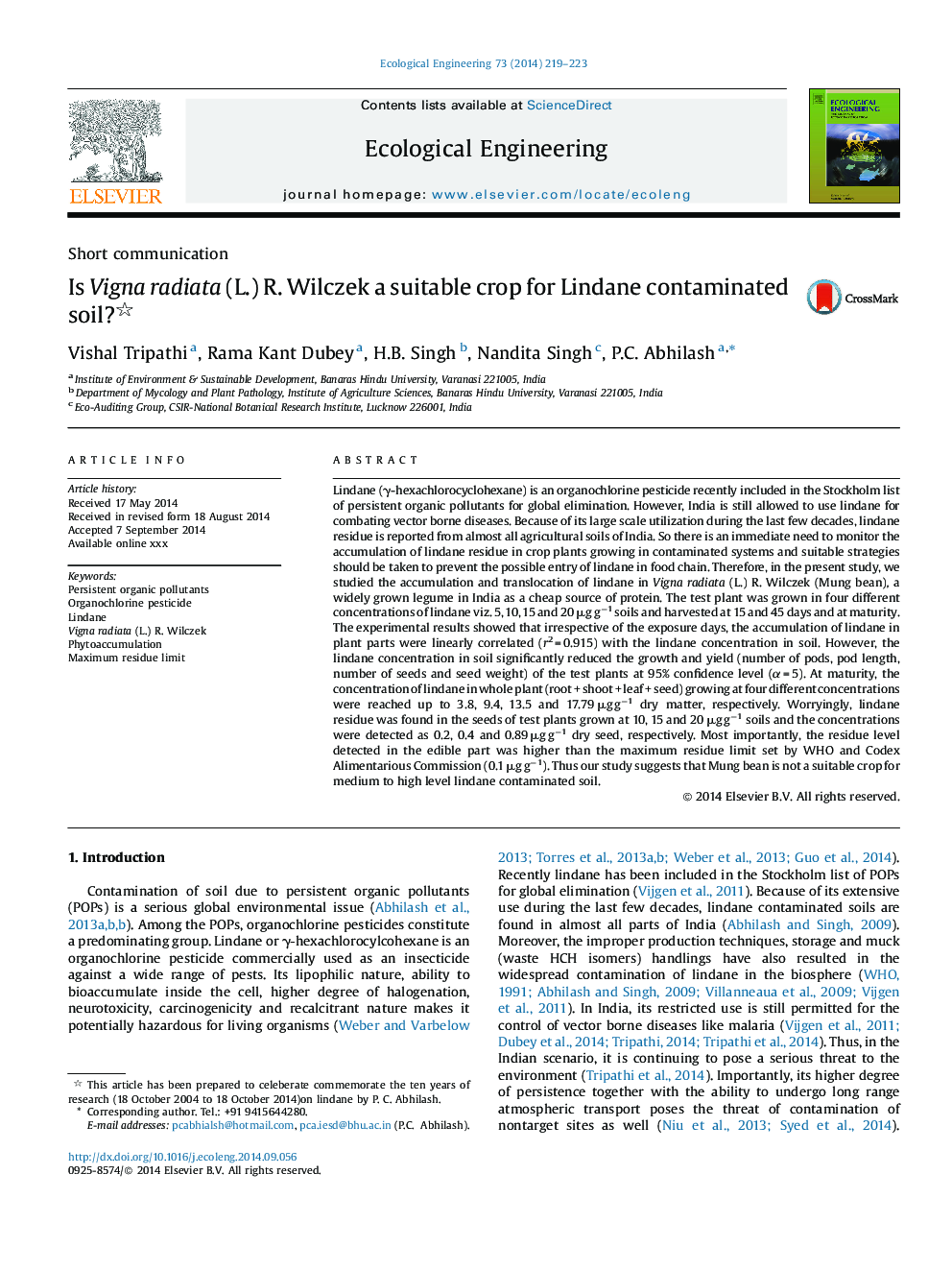 Is Vigna radiata (L.) R. Wilczek a suitable crop for Lindane contaminated soil?