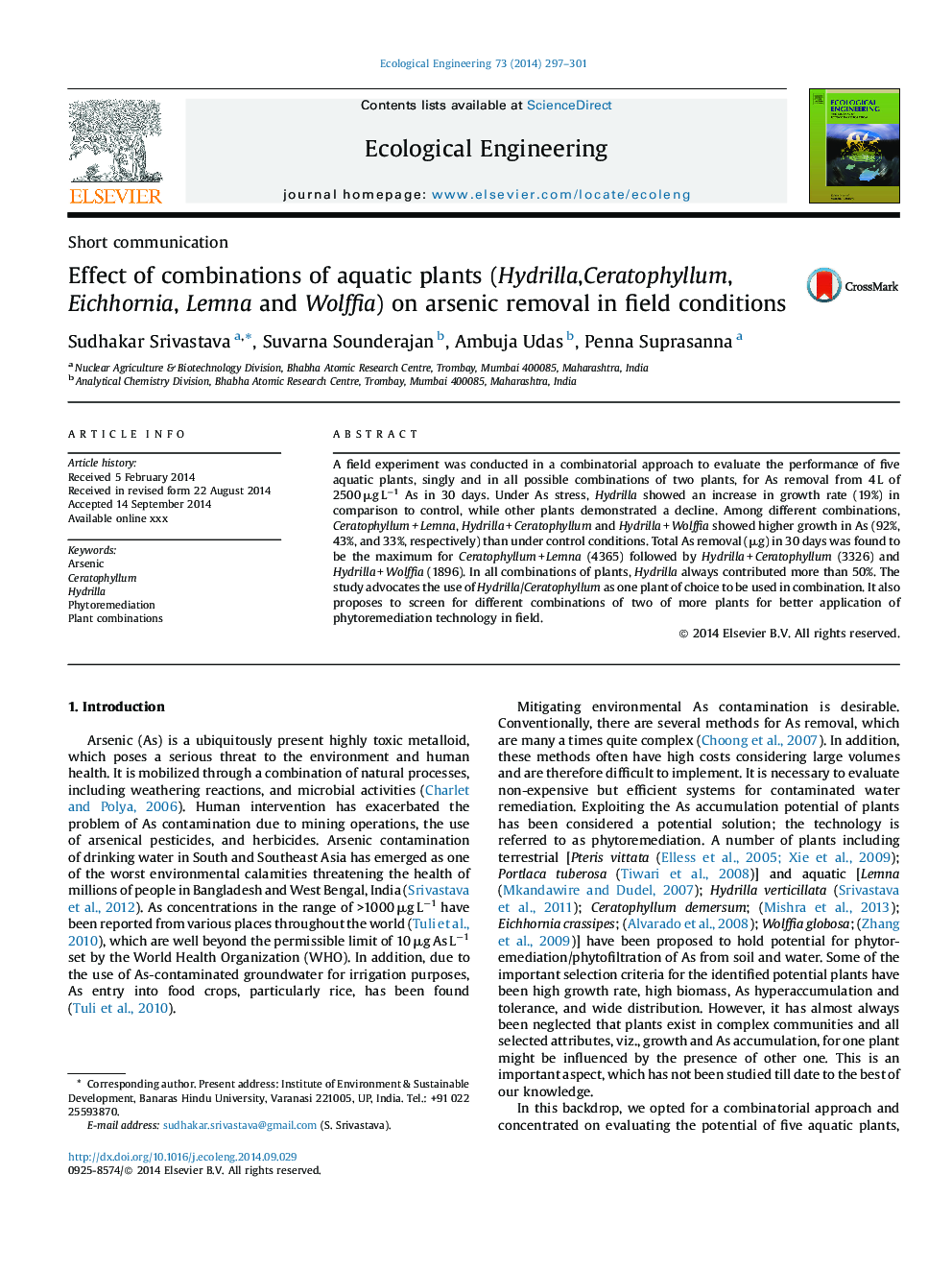 Effect of combinations of aquatic plants (Hydrilla, Ceratophyllum, Eichhornia, Lemna and Wolffia) on arsenic removal in field conditions