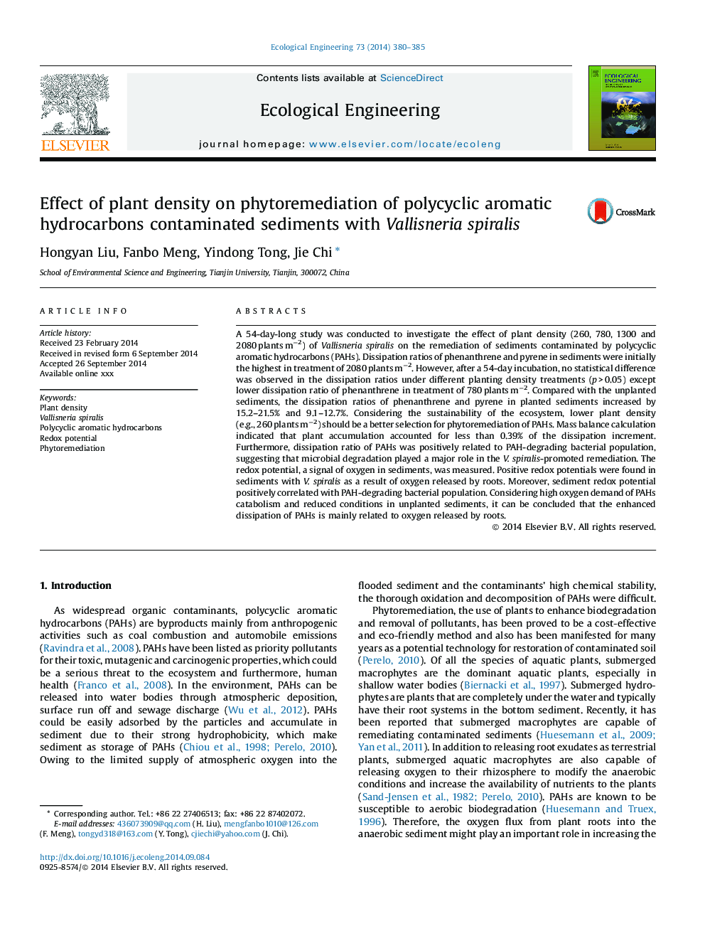 Effect of plant density on phytoremediation of polycyclic aromatic hydrocarbons contaminated sediments with Vallisneria spiralis