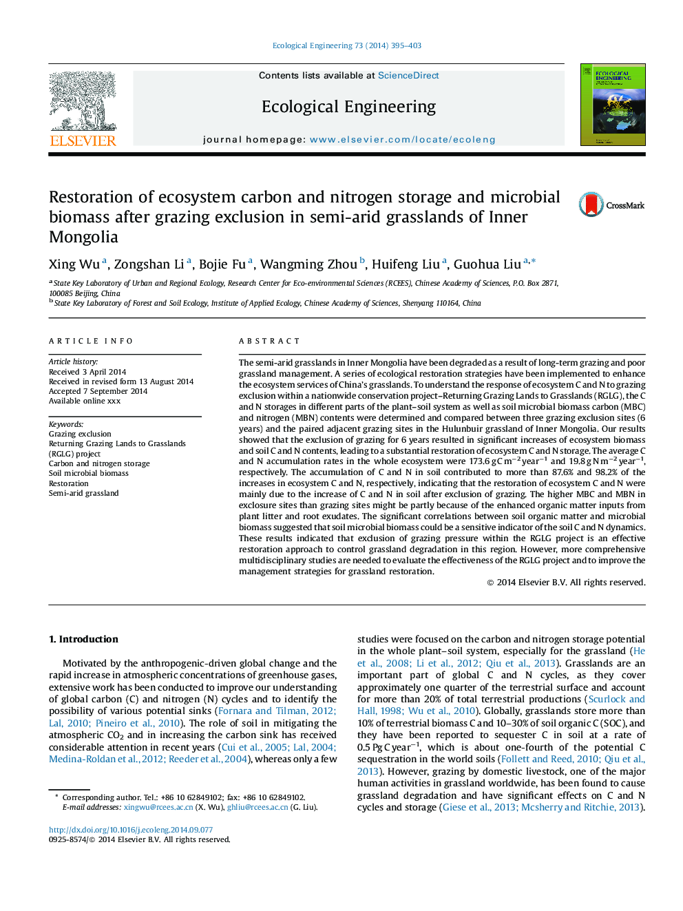 Restoration of ecosystem carbon and nitrogen storage and microbial biomass after grazing exclusion in semi-arid grasslands of Inner Mongolia