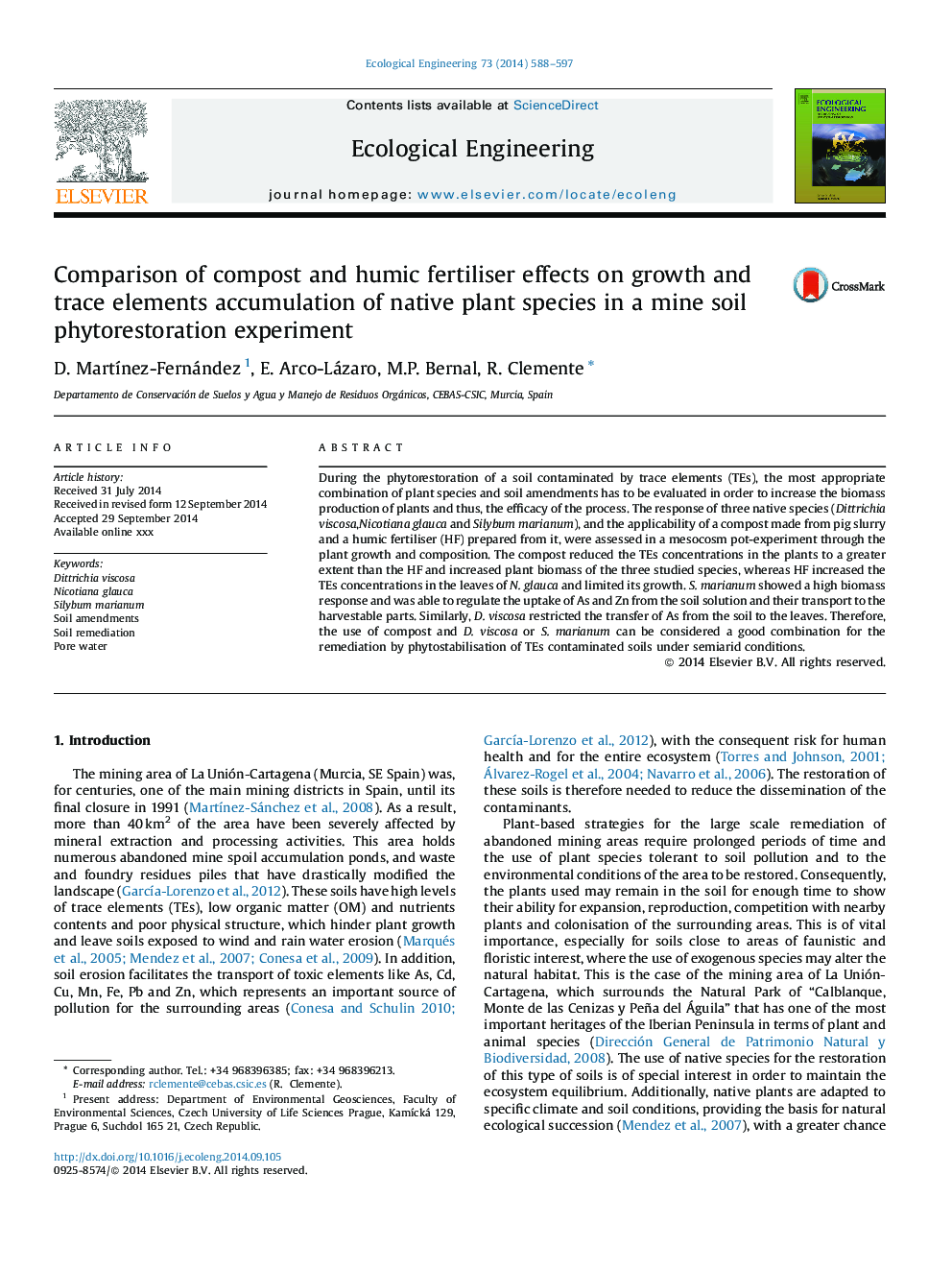 Comparison of compost and humic fertiliser effects on growth and trace elements accumulation of native plant species in a mine soil phytorestoration experiment
