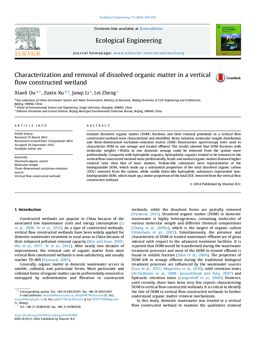 Characterization and removal of dissolved organic matter in a vertical flow constructed wetland