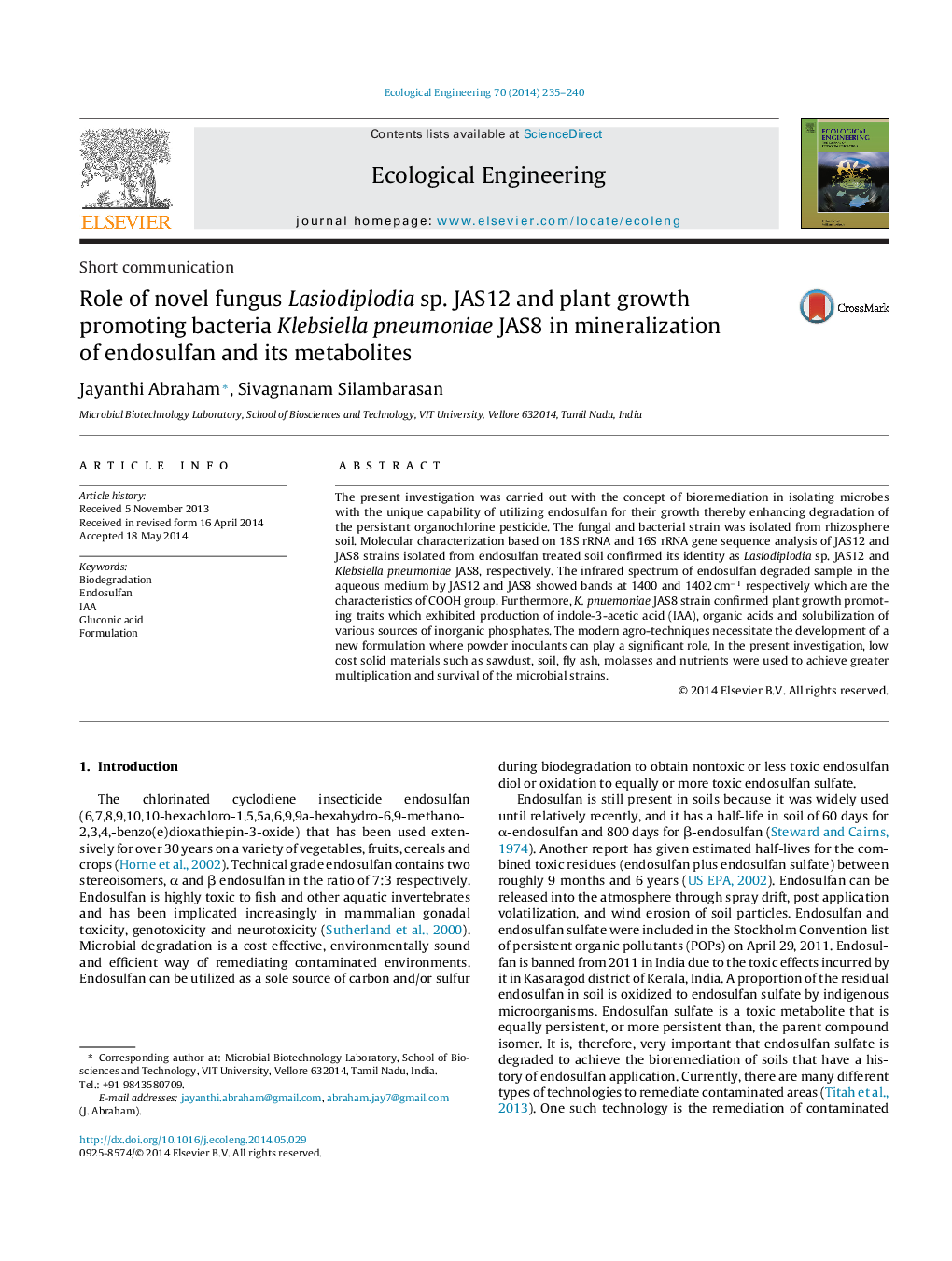 Role of novel fungus Lasiodiplodia sp. JAS12 and plant growth promoting bacteria Klebsiella pneumoniae JAS8 in mineralization of endosulfan and its metabolites