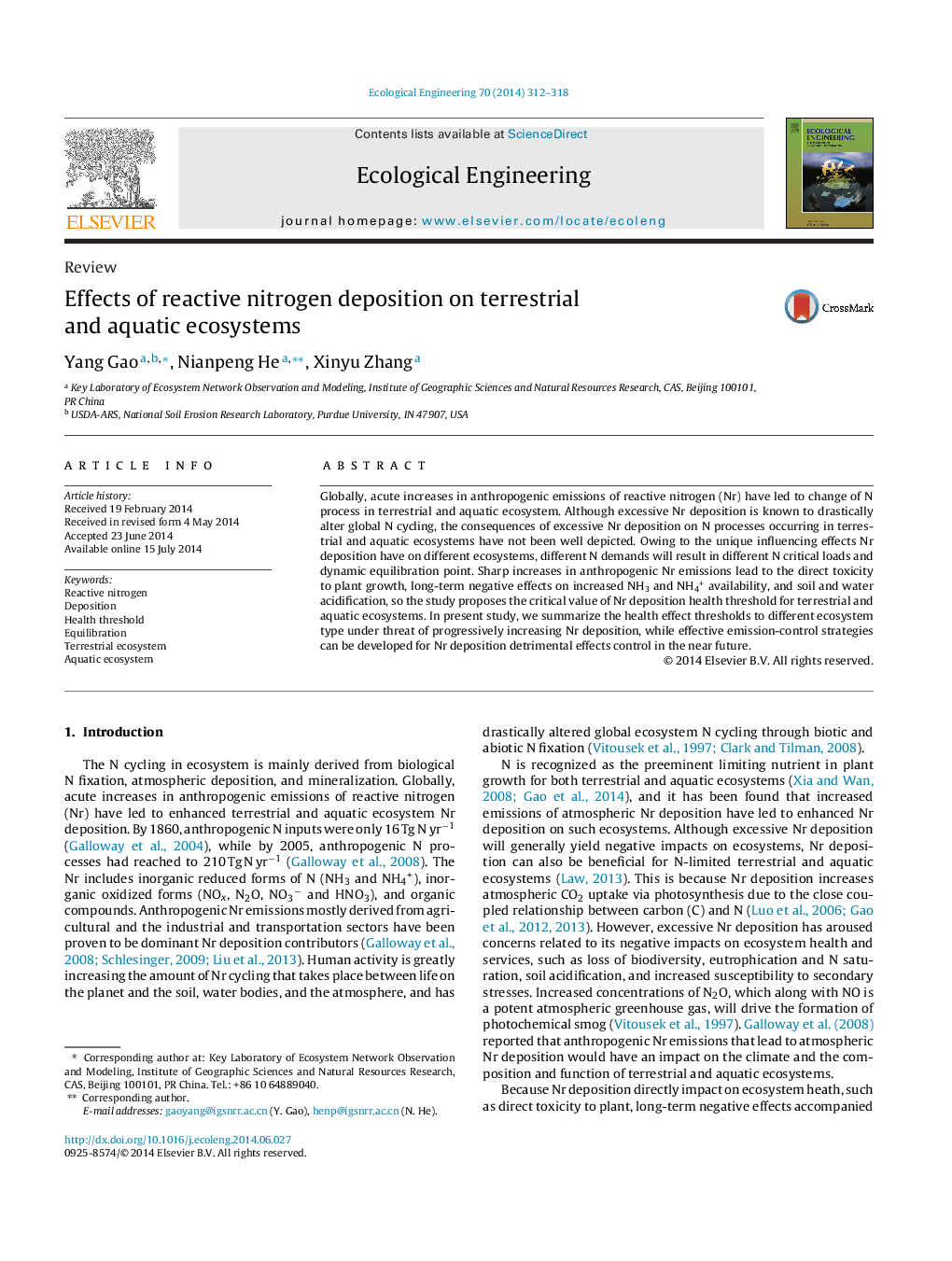 ReviewEffects of reactive nitrogen deposition on terrestrial and aquatic ecosystems