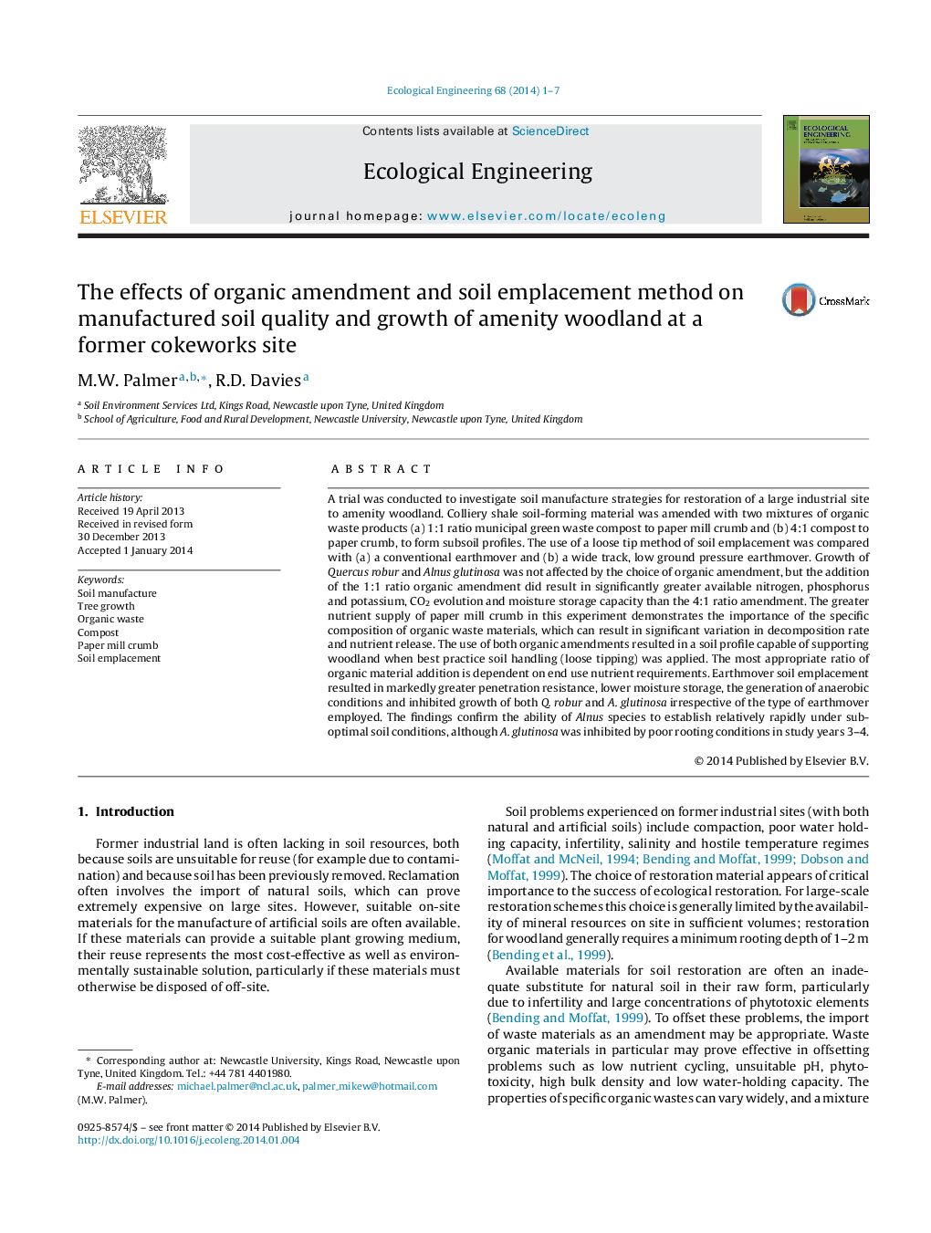 The effects of organic amendment and soil emplacement method on manufactured soil quality and growth of amenity woodland at a former cokeworks site