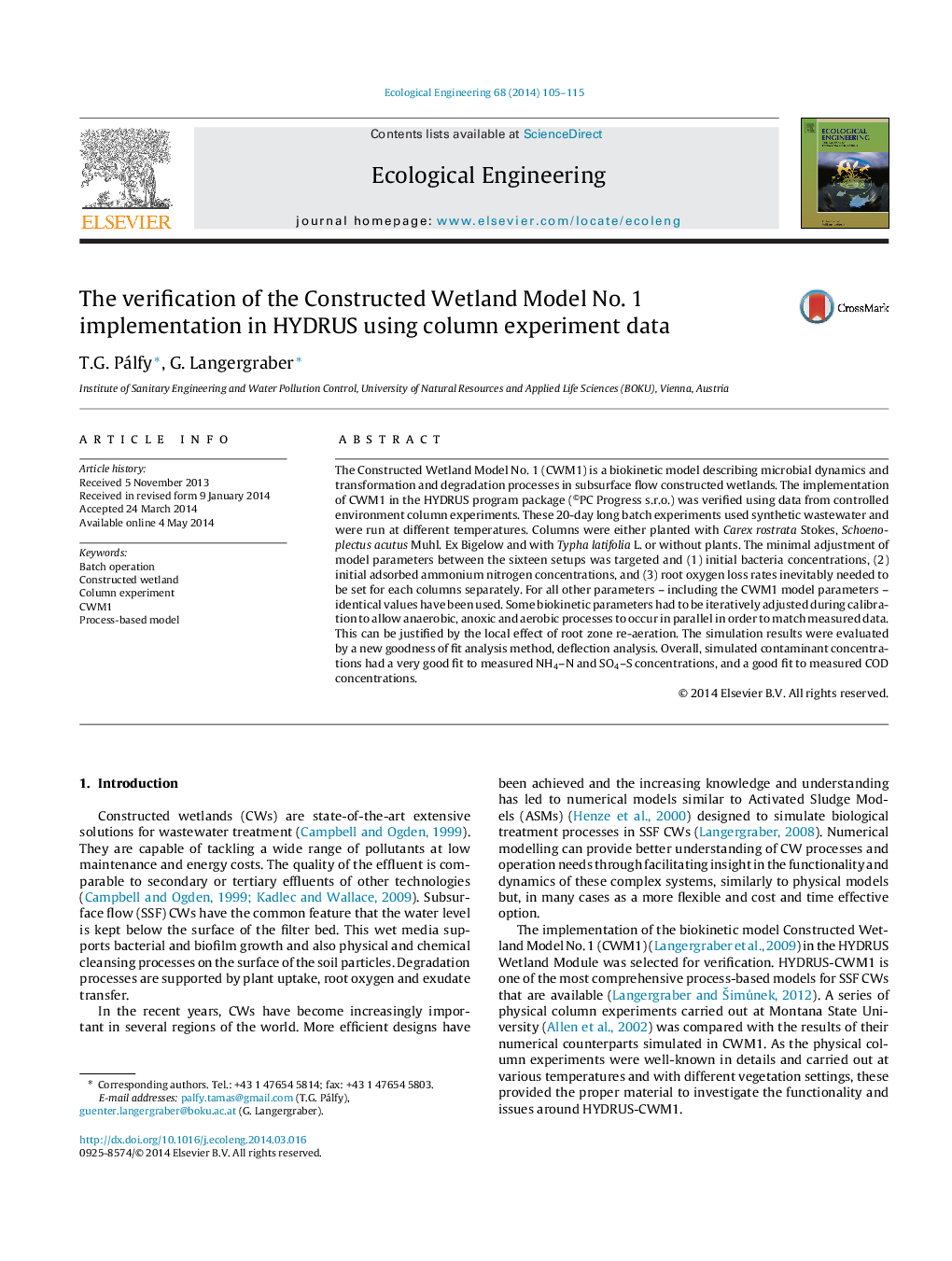 The verification of the Constructed Wetland Model No. 1 implementation in HYDRUS using column experiment data