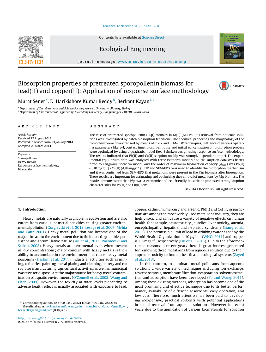 Biosorption properties of pretreated sporopollenin biomass for lead(II) and copper(II): Application of response surface methodology