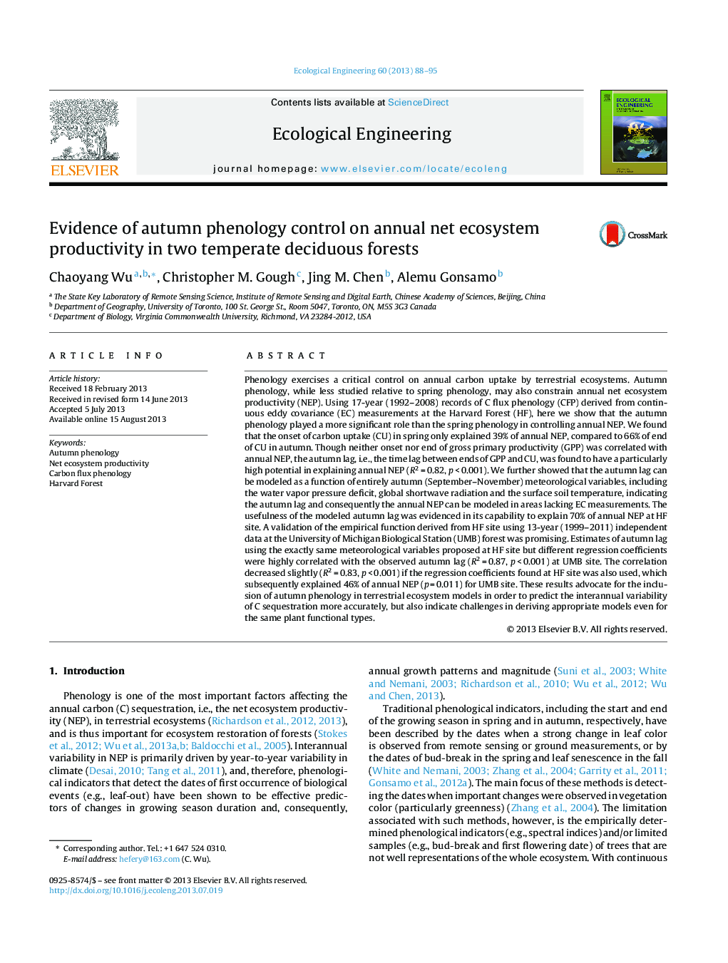 Evidence of autumn phenology control on annual net ecosystem productivity in two temperate deciduous forests