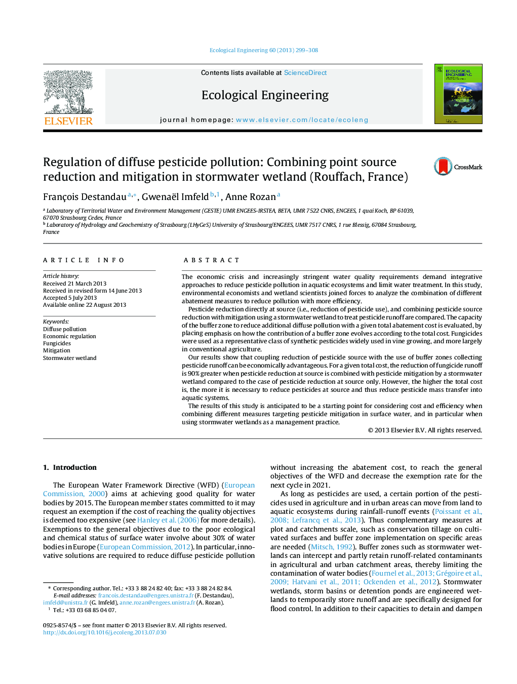 Regulation of diffuse pesticide pollution: Combining point source reduction and mitigation in stormwater wetland (Rouffach, France)