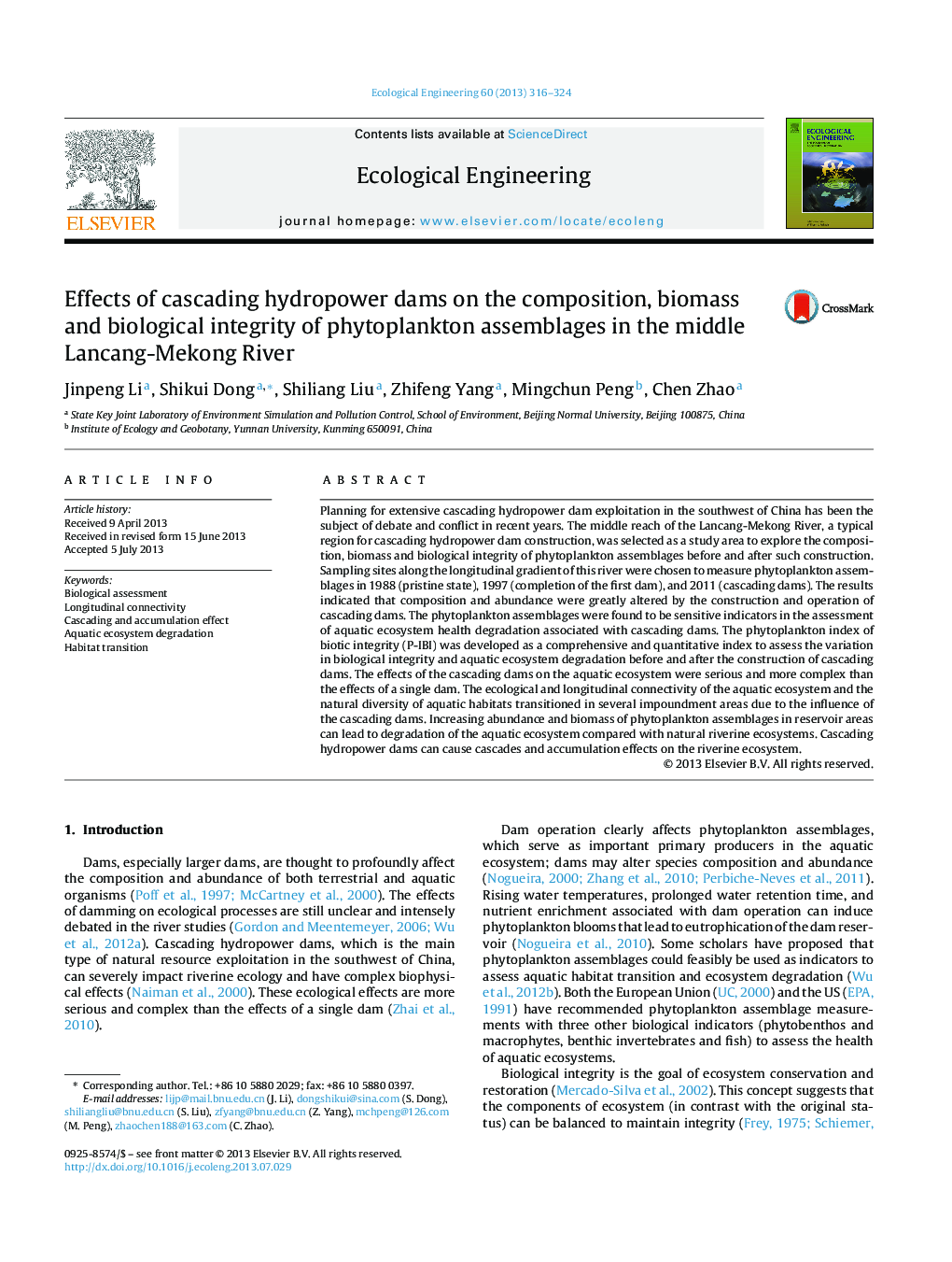 Effects of cascading hydropower dams on the composition, biomass and biological integrity of phytoplankton assemblages in the middle Lancang-Mekong River