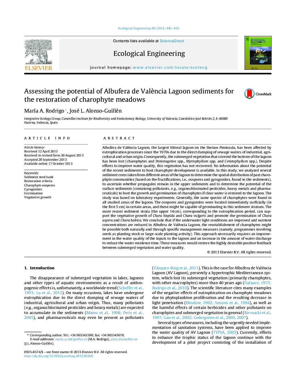 Assessing the potential of Albufera de ValÃ¨ncia Lagoon sediments for the restoration of charophyte meadows