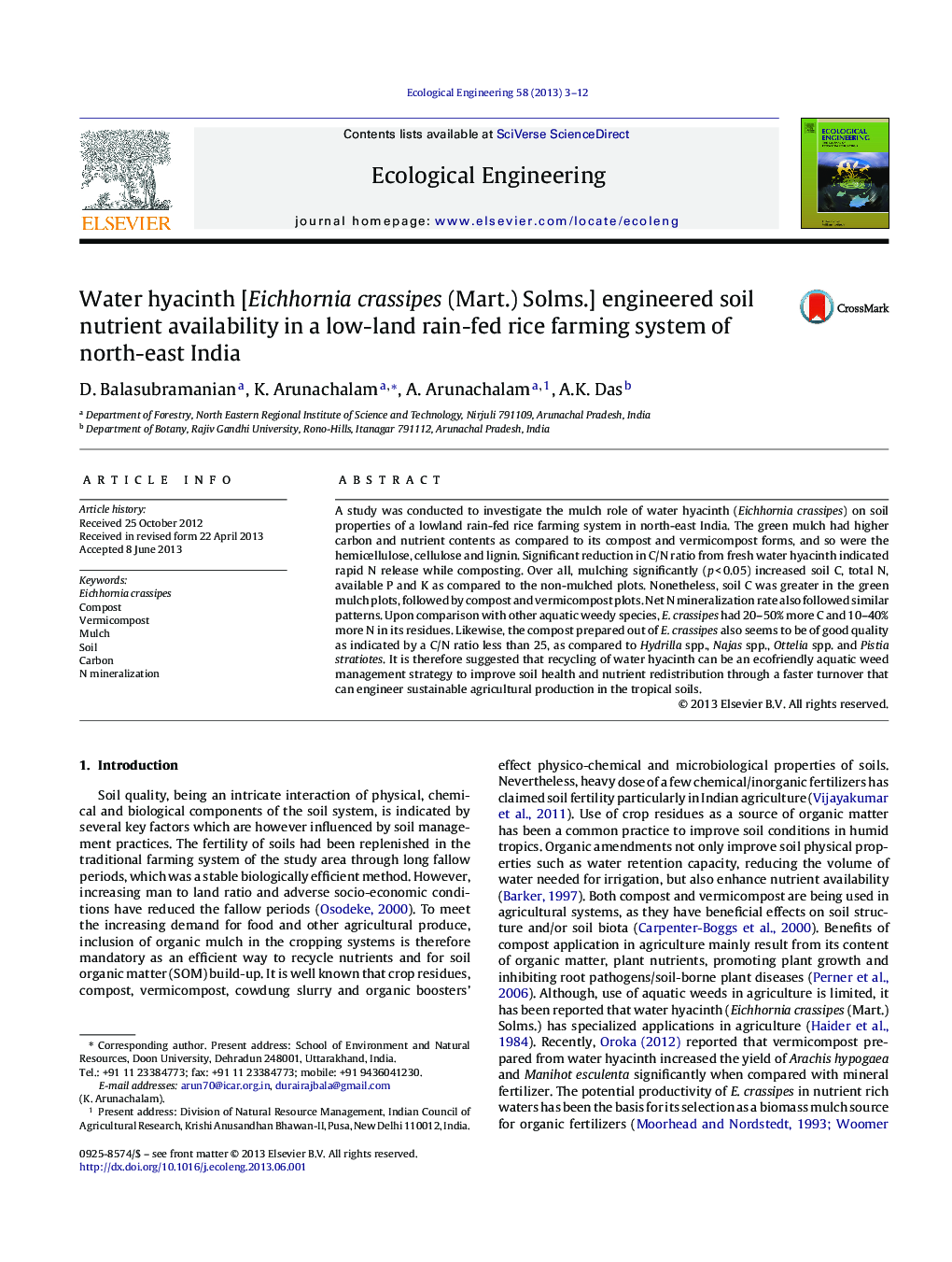 Water hyacinth [Eichhornia crassipes (Mart.) Solms.] engineered soil nutrient availability in a low-land rain-fed rice farming system of north-east India