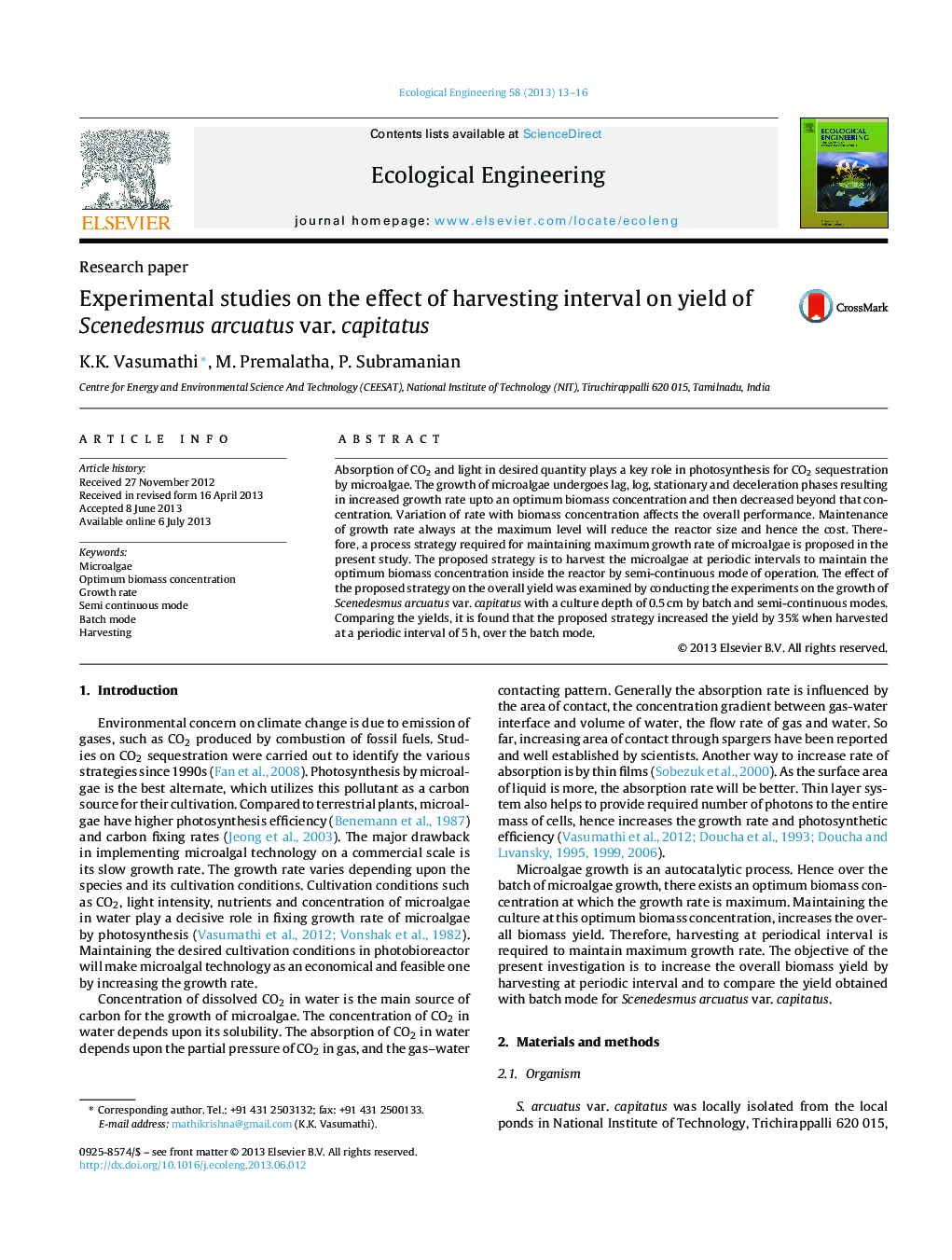 Experimental studies on the effect of harvesting interval on yield of Scenedesmus arcuatus var. capitatus