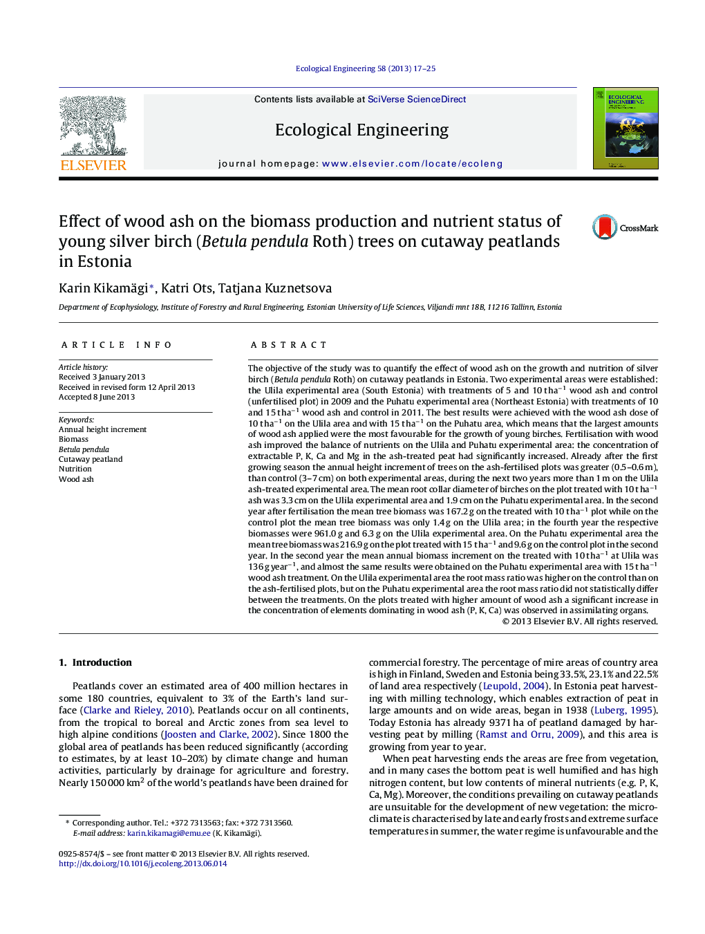 Effect of wood ash on the biomass production and nutrient status of young silver birch (Betula pendula Roth) trees on cutaway peatlands in Estonia