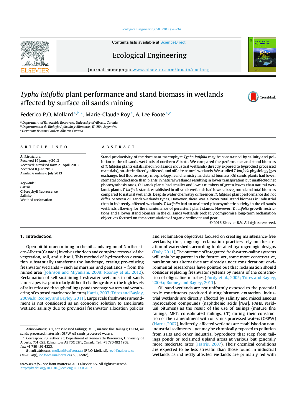 Typha latifolia plant performance and stand biomass in wetlands affected by surface oil sands mining