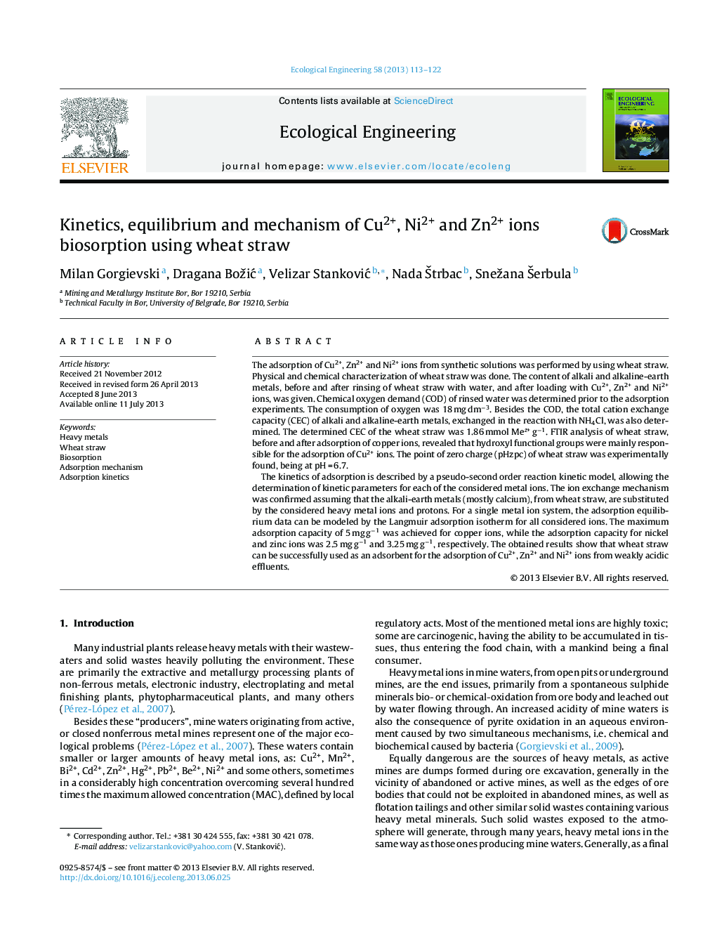 Kinetics, equilibrium and mechanism of Cu2+, Ni2+ and Zn2+ ions biosorption using wheat straw