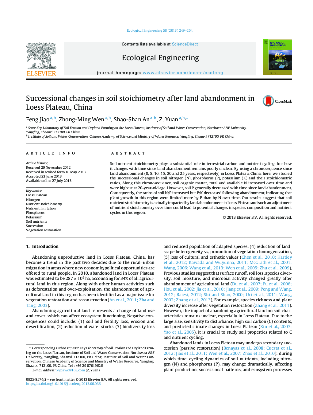 Successional changes in soil stoichiometry after land abandonment in Loess Plateau, China