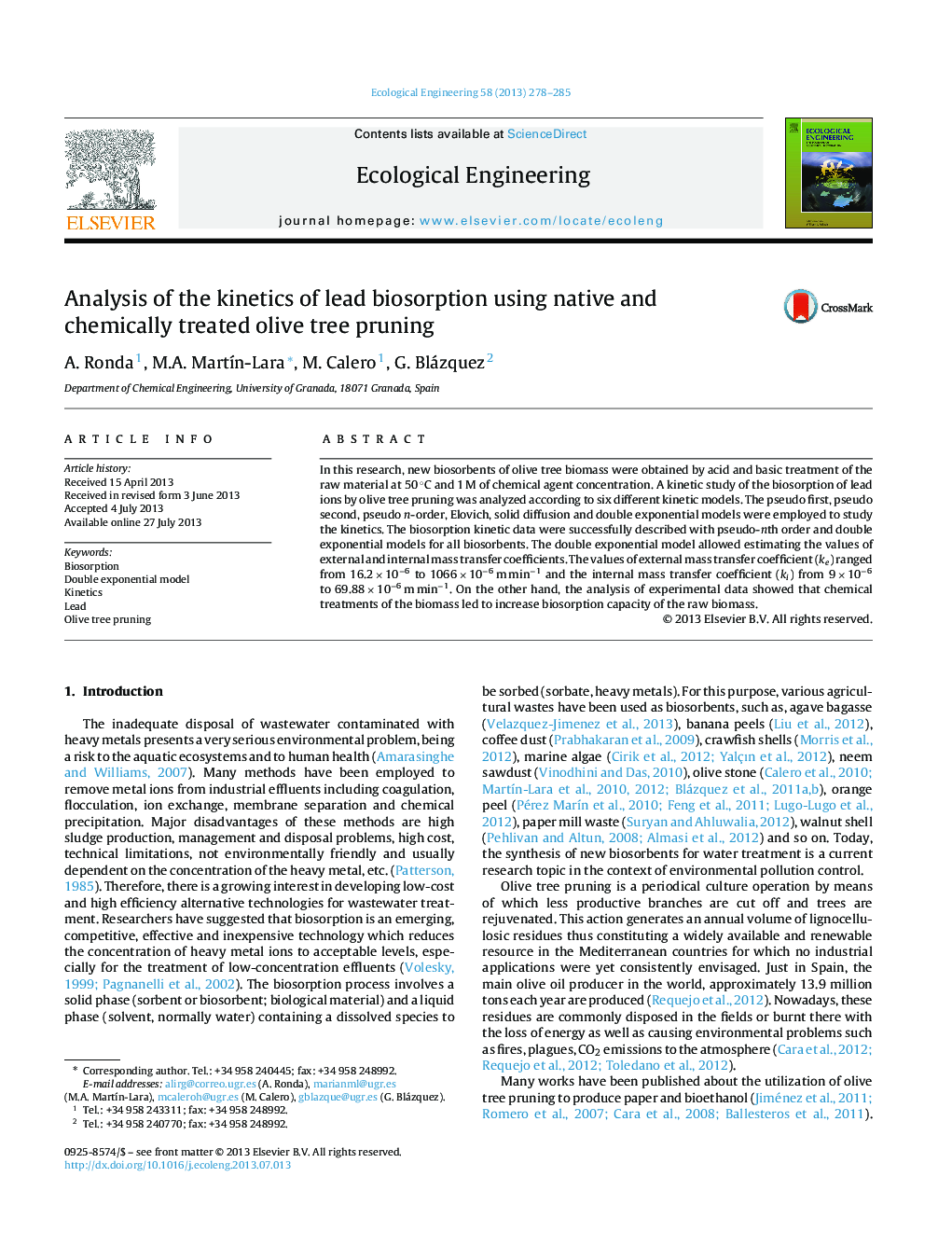 Analysis of the kinetics of lead biosorption using native and chemically treated olive tree pruning