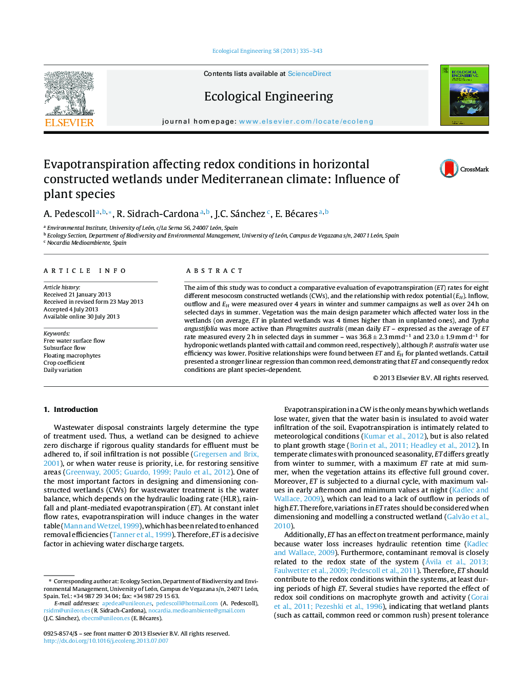 Evapotranspiration affecting redox conditions in horizontal constructed wetlands under Mediterranean climate: Influence of plant species