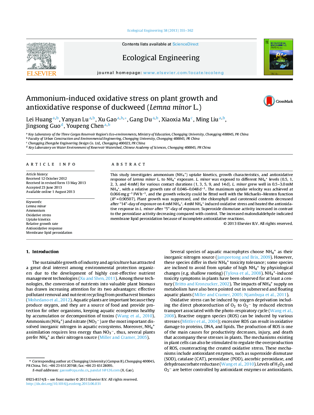 Ammonium-induced oxidative stress on plant growth and antioxidative response of duckweed (Lemna minor L.)