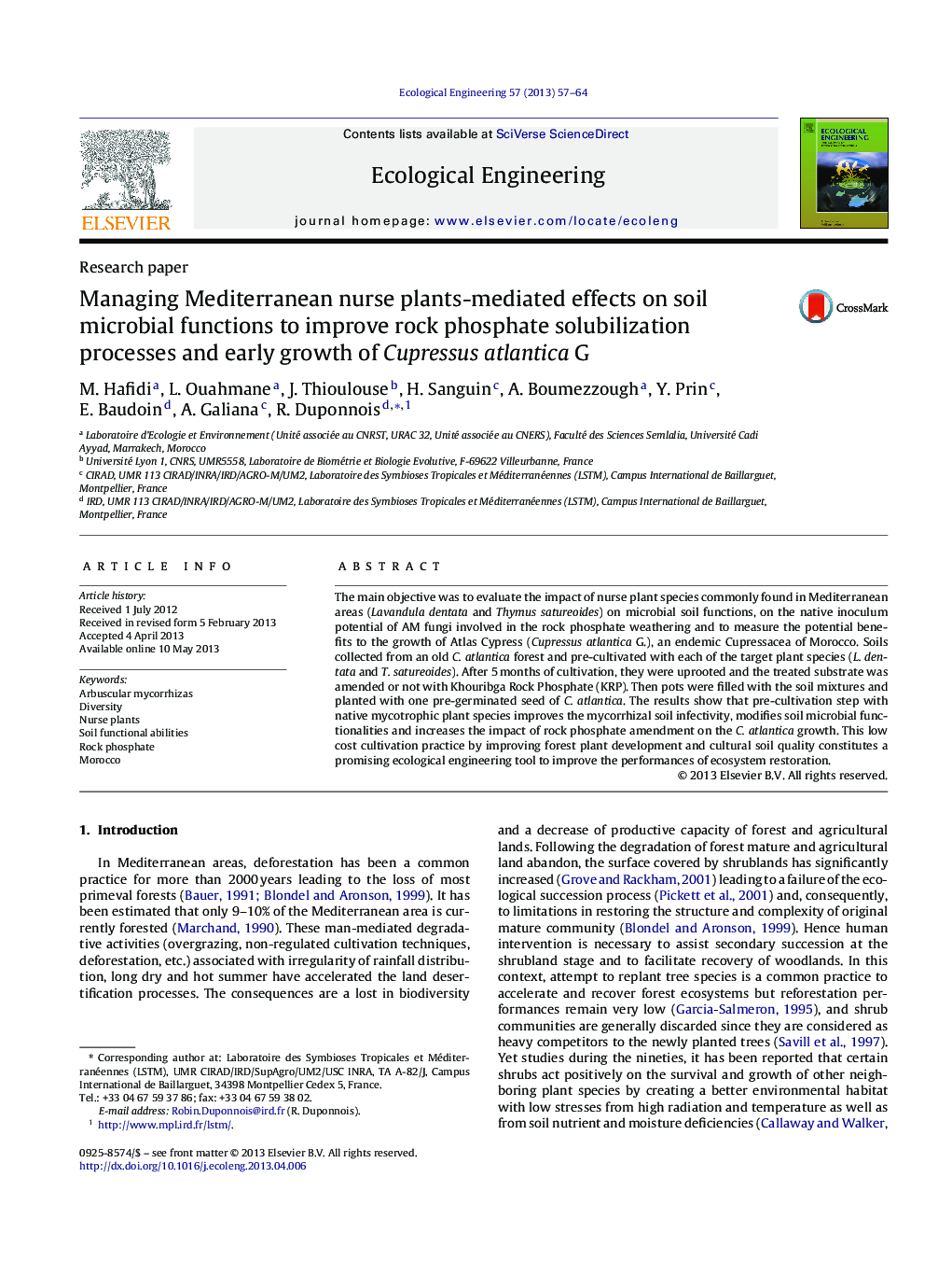 Managing Mediterranean nurse plants-mediated effects on soil microbial functions to improve rock phosphate solubilization processes and early growth of Cupressus atlantica G