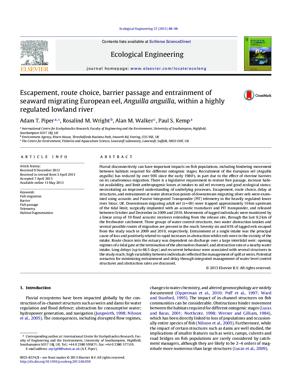 Escapement, route choice, barrier passage and entrainment of seaward migrating European eel, Anguilla anguilla, within a highly regulated lowland river