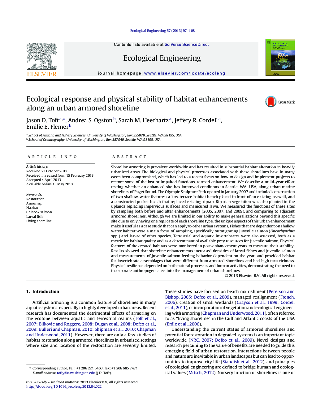 Ecological response and physical stability of habitat enhancements along an urban armored shoreline