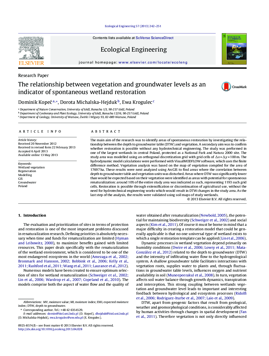 Research PaperThe relationship between vegetation and groundwater levels as an indicator of spontaneous wetland restoration