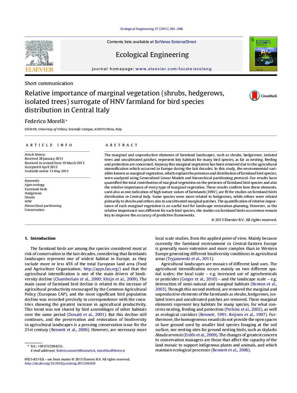 Short communicationRelative importance of marginal vegetation (shrubs, hedgerows, isolated trees) surrogate of HNV farmland for bird species distribution in Central Italy