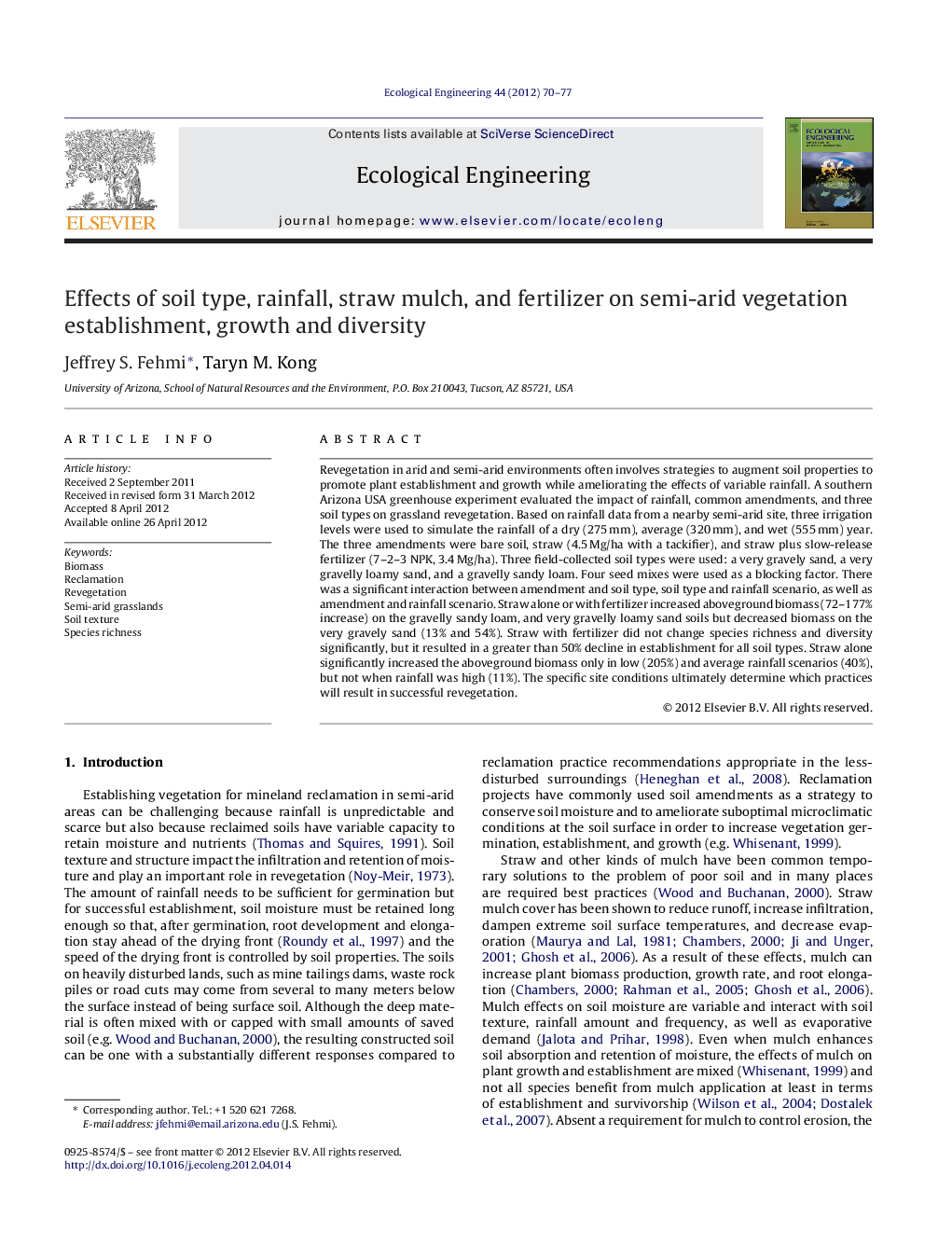 Effects of soil type, rainfall, straw mulch, and fertilizer on semi-arid vegetation establishment, growth and diversity