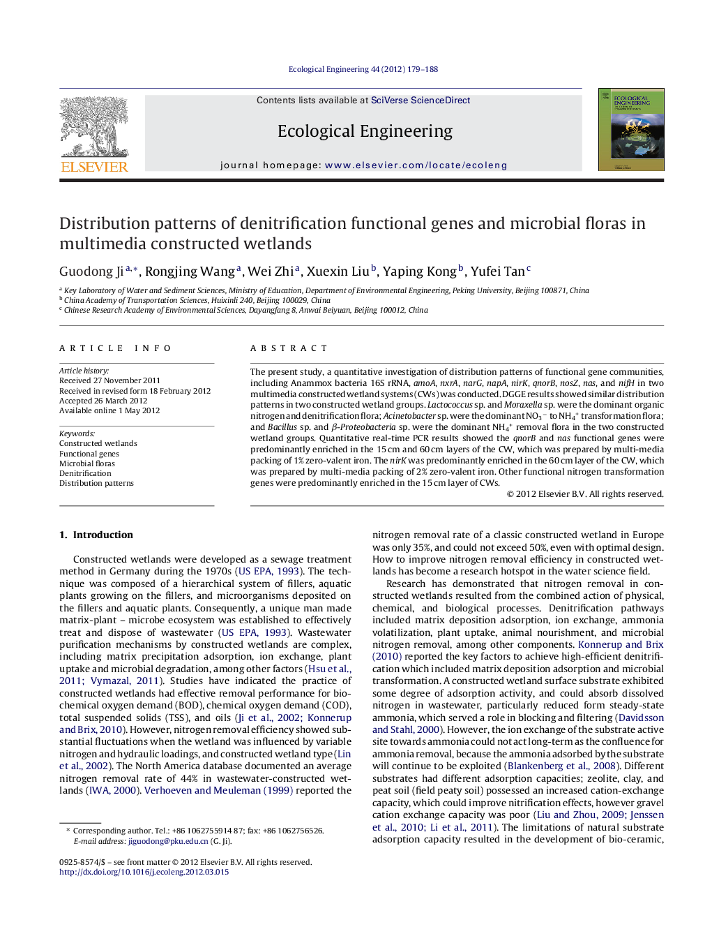 Distribution patterns of denitrification functional genes and microbial floras in multimedia constructed wetlands