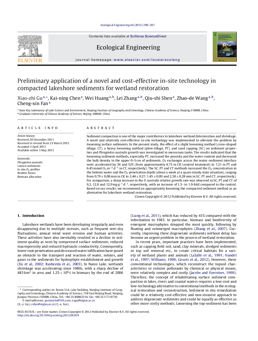 Preliminary application of a novel and cost-effective in-site technology in compacted lakeshore sediments for wetland restoration