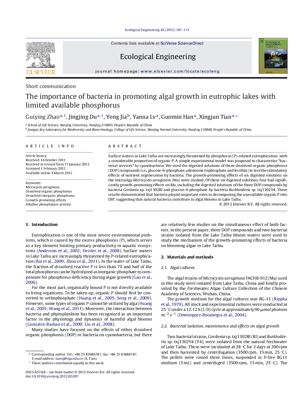 Short communicationThe importance of bacteria in promoting algal growth in eutrophic lakes with limited available phosphorus