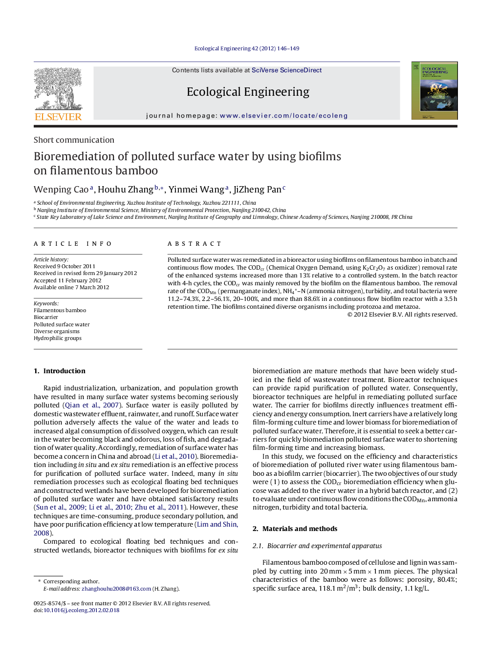 Bioremediation of polluted surface water by using biofilms on filamentous bamboo