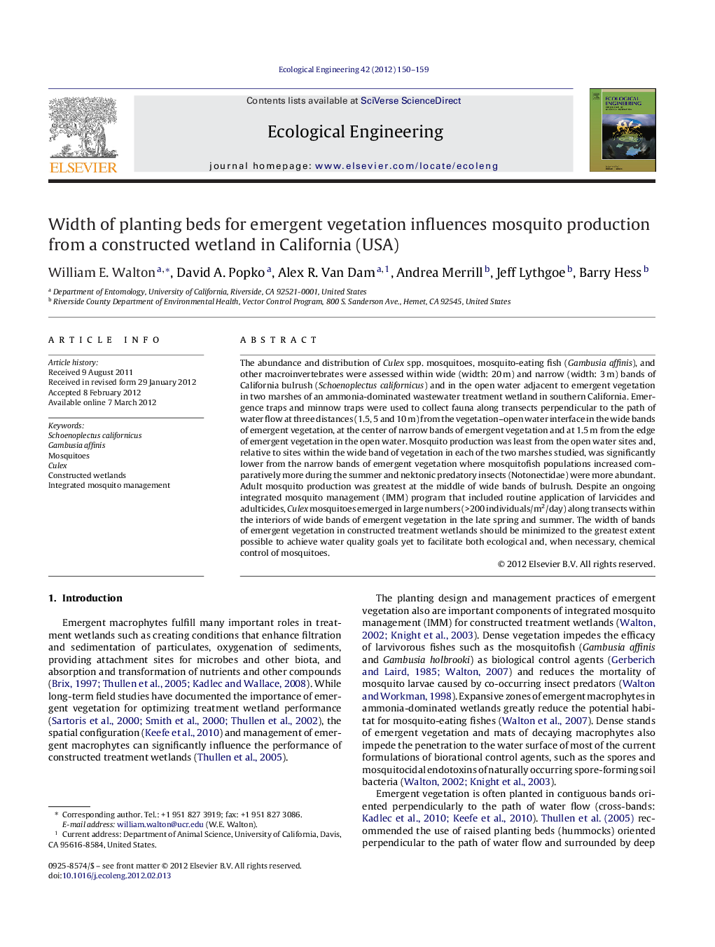 Width of planting beds for emergent vegetation influences mosquito production from a constructed wetland in California (USA)