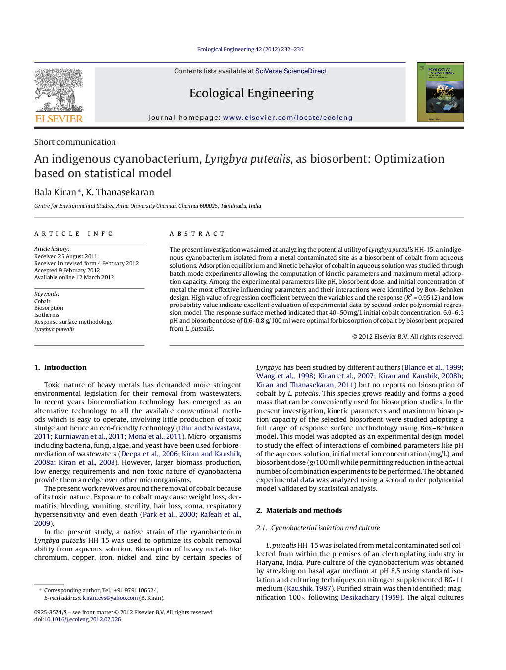 Short communicationAn indigenous cyanobacterium, Lyngbya putealis, as biosorbent: Optimization based on statistical model