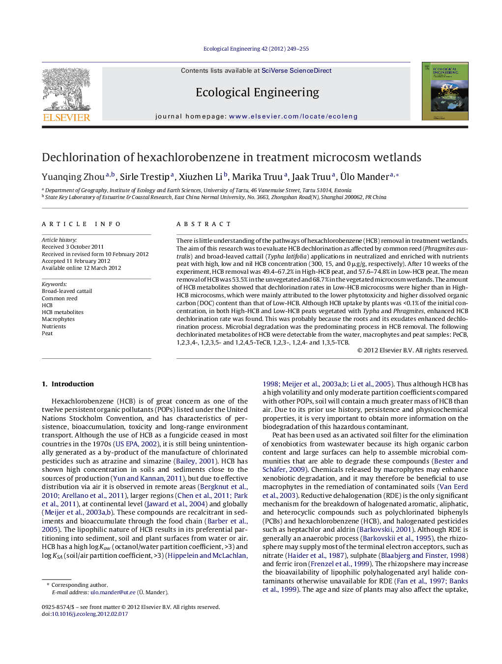 Dechlorination of hexachlorobenzene in treatment microcosm wetlands