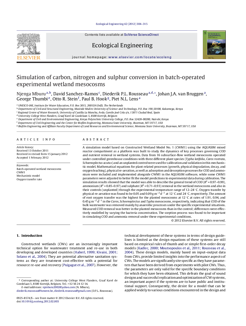 Simulation of carbon, nitrogen and sulphur conversion in batch-operated experimental wetland mesocosms