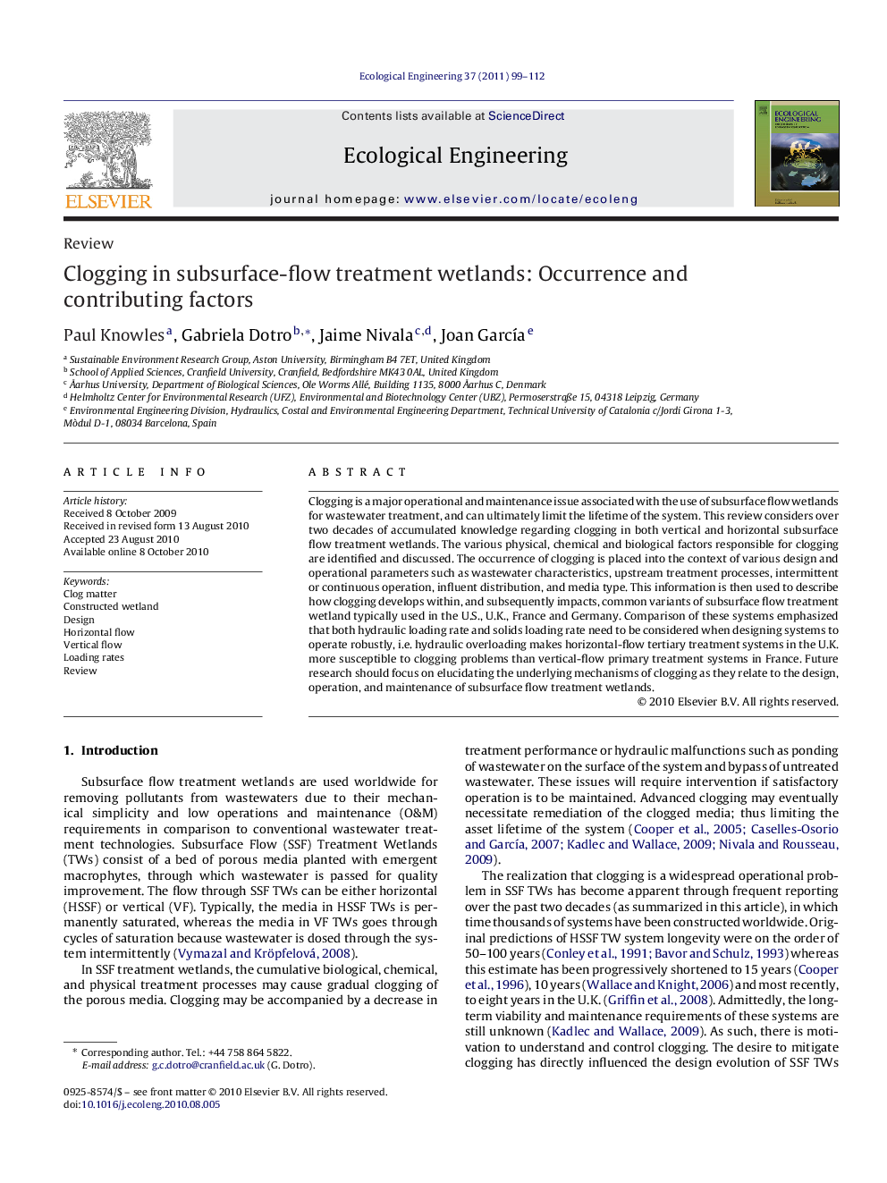 Clogging in subsurface-flow treatment wetlands: Occurrence and contributing factors