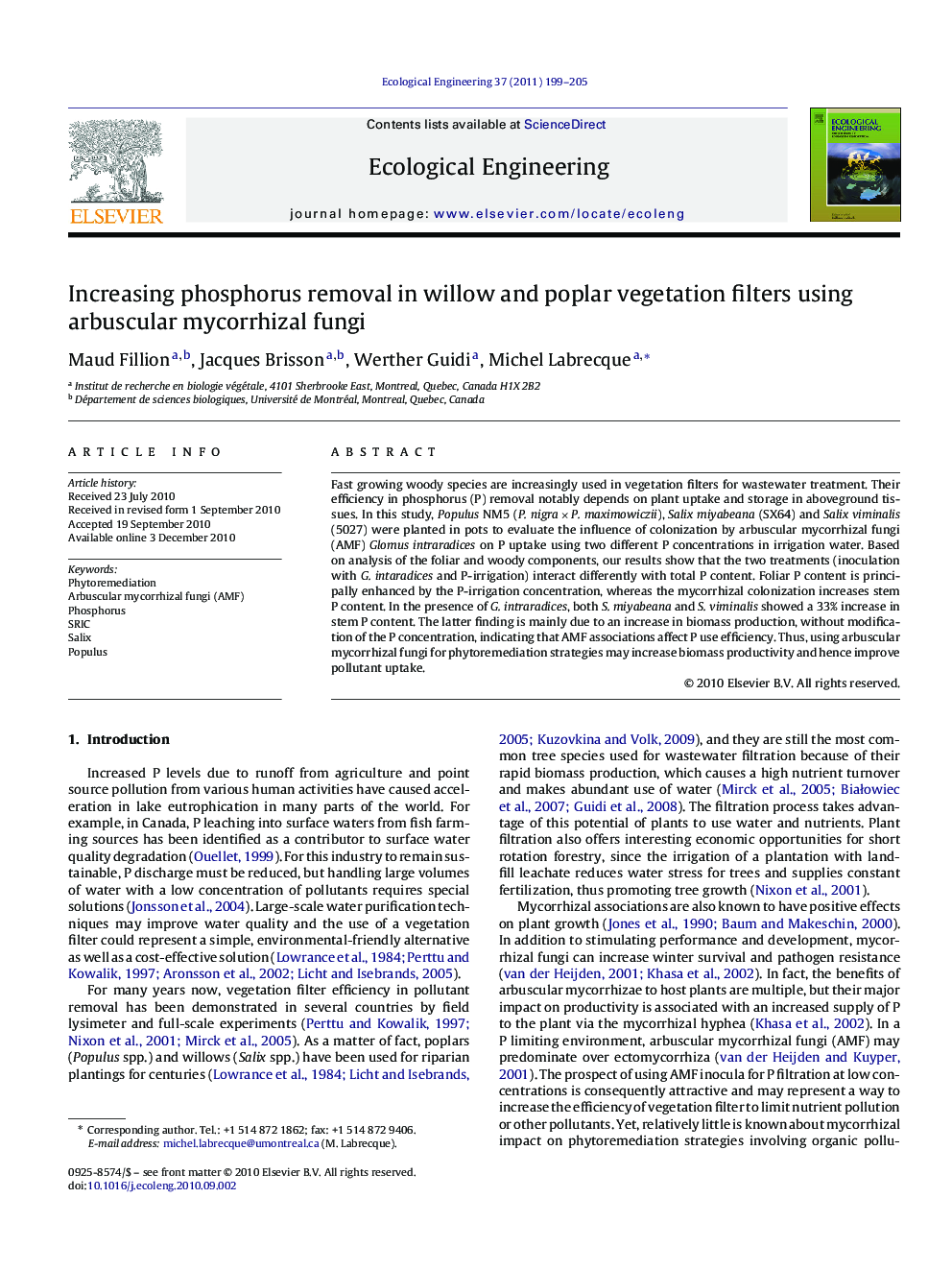 Increasing phosphorus removal in willow and poplar vegetation filters using arbuscular mycorrhizal fungi