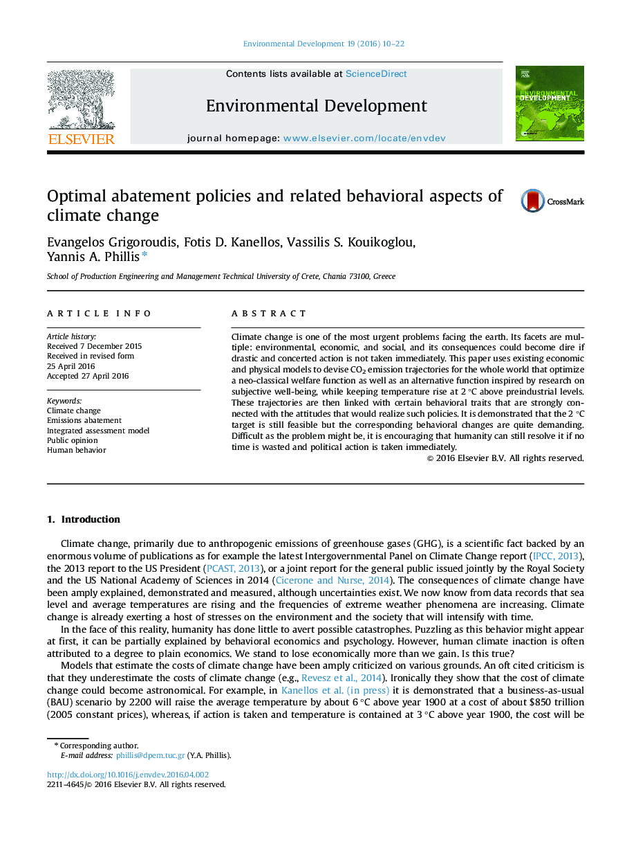 Optimal abatement policies and related behavioral aspects of climate change