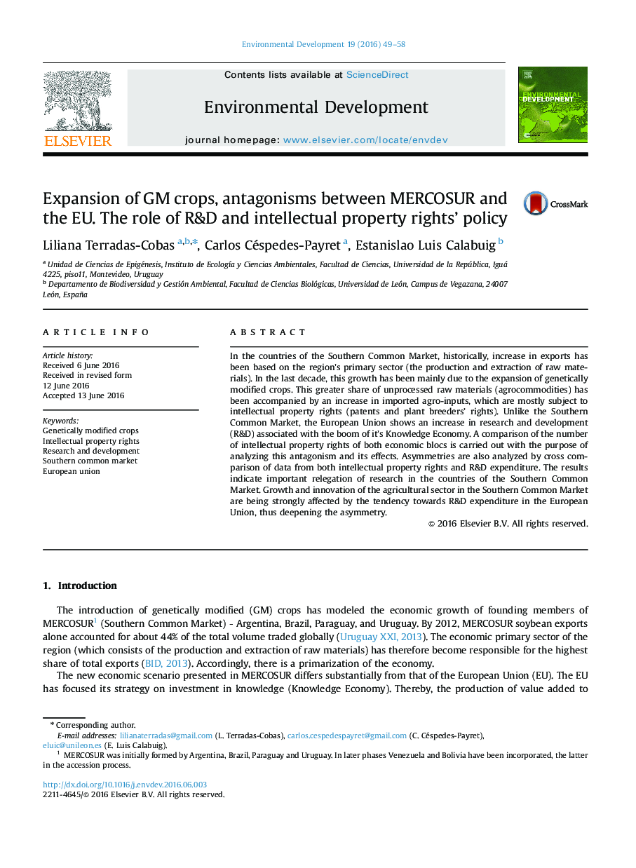 Expansion of GM crops, antagonisms between MERCOSUR and the EU. The role of R&D and intellectual property rights' policy