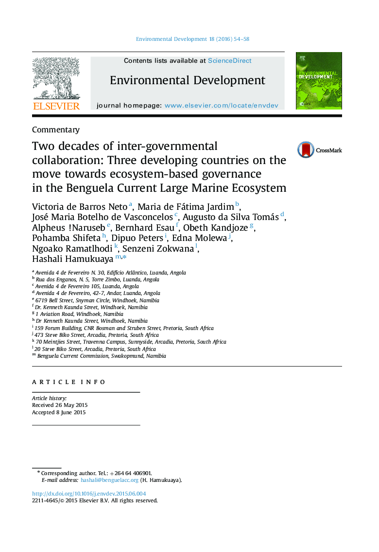 Two decades of inter-governmental collaboration: Three developing countries on the move towards ecosystem-based governance in the Benguela Current Large Marine Ecosystem